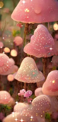 Bringing a touch of magic and beauty to your phone, this wallpaper features a lush green forest with vibrant foliage and a group of delicately pink mushrooms sitting atop the ground