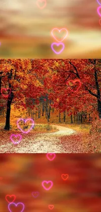 This live phone wallpaper displays two floating hearts over a colorful autumn forest scene captured by a trending artist on Pixabay