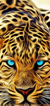 This phone live wallpaper showcases a vibrant and trendy digital art style that depicts a stunning leopard with blue eyes