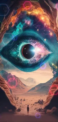 This phone live wallpaper showcases a surrealistic scene featuring a man standing before a giant and glowing iridescent eye