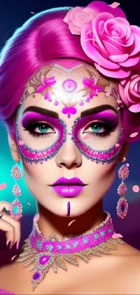 This stunning live phone wallpaper depicts a beautiful Mexican woman with pink makeup and floral accents in her hair