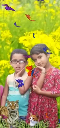 Brighten up your phone screen with this adorable live wallpaper featuring two little girls standing in a field of beautiful yellow flowers