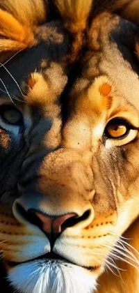 This phone wallpaper features a hyperrealistic image of a lion's close up