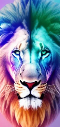 "Get ready to be captivated by this lion face live wallpaper for your phone! Made using gradients and digital art, this wallpaper features a stunning symmetrical design with vibrant colors, creating a mesmerizing and contemporary look