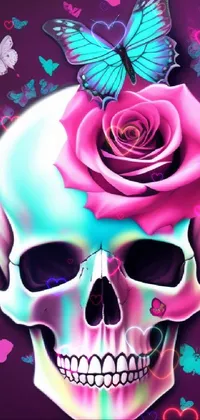 This digital art live wallpaper showcases a skull with a rose and butterfly in hot pink and cyan colors