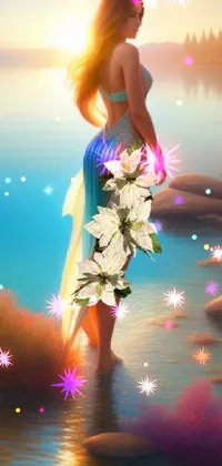 This phone live wallpaper features a stunning digital painting of a beautiful woman standing gracefully next to a body of water