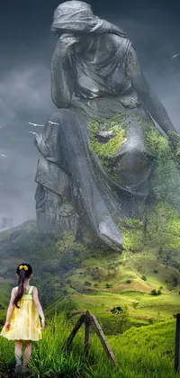 This stunning phone live wallpaper features a female figure in a yellow dress standing before a breathtaking statue