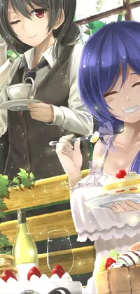 This dynamic phone live wallpaper features two anime characters sitting at a table enjoying a mouth-watering dessert with creamy whip on top