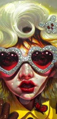 This phone live wallpaper features a striking pop surrealism painting of a woman wearing sunglasses and holding a gun