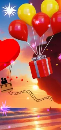 This phone live wallpaper showcases a heart-shaped bunch of red and yellow balloons, with flying ships in the background and presents wrapped in ribbons and bows