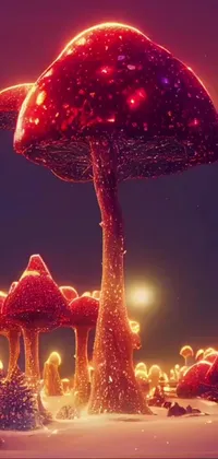 This phone live wallpaper showcases a group of mushrooms set against a snow-covered background tinged with glowing red light