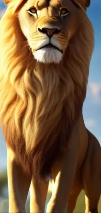 This breathtaking live wallpaper depicts a majestic lion, standing on top of a lush green meadow, in a close-up portrait shot