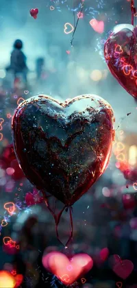 Looking for a beautiful new live wallpaper for your phone? Look no further than this stunning image of heart-shaped balloons floating against a cinematic bokeh backdrop