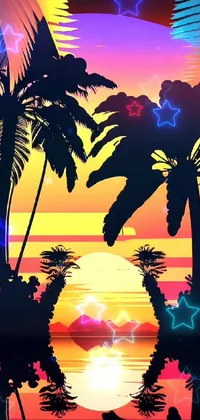 This phone live wallpaper showcases a brilliant and vivid sunset backdrop, complete with tropical palm trees in the foreground