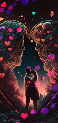 This phone live wallpaper features a romantic fantasy scene of a couple standing before a stunning, heart-shaped backdrop