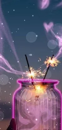 This mobile live wallpaper features digital art of a glass jar filled with sparklers and illuminated fireflies in a beautiful purple background