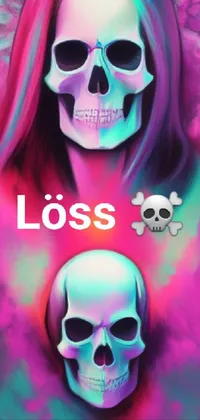 This live phone wallpaper showcases a poster-style digital art of two skulls sitting beside each other
