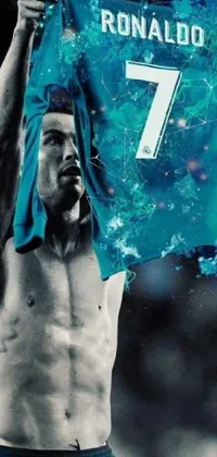 This lively phone wallpaper showcases a teal-colored image of a man holding a shirt featuring the number seven