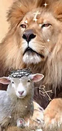 This stunning phone live wallpaper features a serene scene with a lion and a lamb in a field
