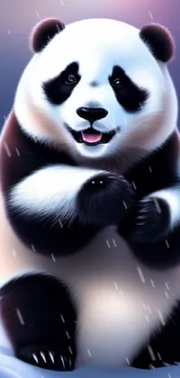 This live phone wallpaper features a cute panda sitting on a snowy background, close-up and in a paul lung-style pencil drawing