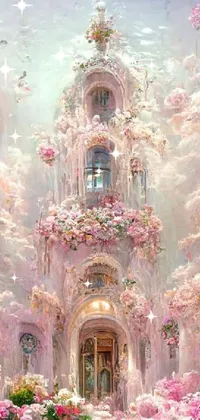 This phone live wallpaper depicts a stunning painting of a building surrounded by colorful flowers in a fantasy style