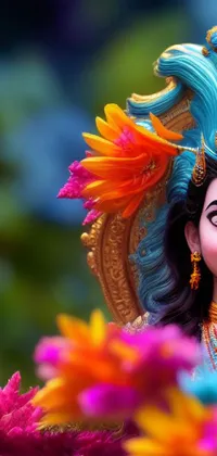 Get lost in the beauty of this live wallpaper featuring a stunning close-up of a flower-adorned woman statue