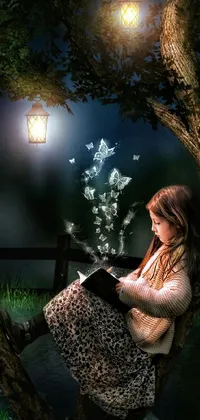 Enhance your phone screen with a stunning digital art wallpaper featuring a woman reading a book while sitting in a tree