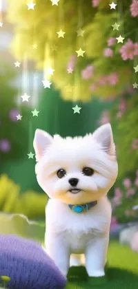 Get this cute live phone wallpaper of a small white dog standing on a rich green field, tinted in bright and playful colors with a jewel-like quality that will appeal to animal lovers and furry art admirers alike