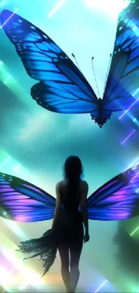 This intriguing phone wallpaper showcases a breath-taking image of a serene woman in front of two dazzling blue butterflies