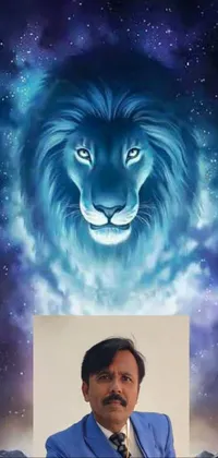 This phone live wallpaper features a blue-suited man sitting just in front of a lion portrait