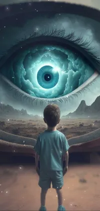 This phone live wallpaper features a surrealistic scene with a little boy standing in front of a TV displaying an eye