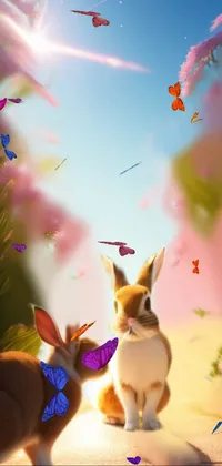 This phone wallpaper features an enchanting image of two rabbits sitting together amidst a lush flower field