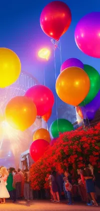 Bring color and life to your phone with this dynamic live wallpaper featuring a group of people standing amidst a cluster of balloons