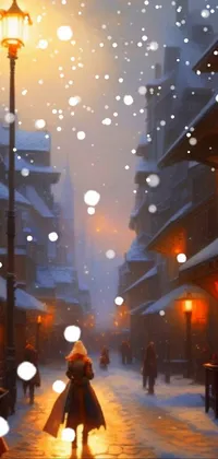 This phone live wallpaper features a stunning painting of a woman strolling through a snow-covered medieval town