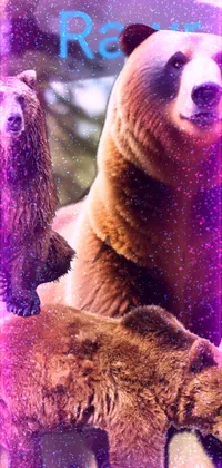 This stunning live wallpaper showcases a digital rendering of two brown bears standing in a natural forest setting