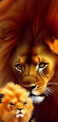 This stunning live phone wallpaper depicts a beautiful digital painting of two magnificent lions standing side by side