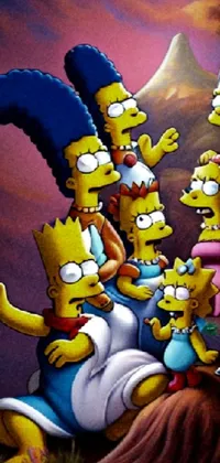 This live wallpaper depicts a group of colorful cartoon characters perched atop a tree, with a photorealistic image of Homer Simpson at the center