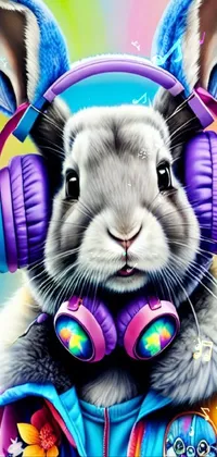 Looking for a fun and vibrant phone live wallpaper that stands out? Look no further than this closeup photo of an airbrush painting featuring a playful rabbit wearing headphones