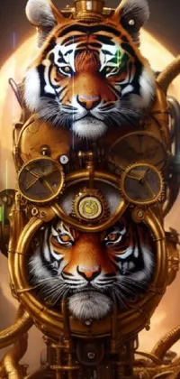 This phone live wallpaper showcases a striking artwork of a tiger seated on a complex mechanical machine