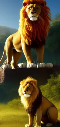 The lion-themed phone live wallpaper depicts the king of the jungle standing on a plush green background