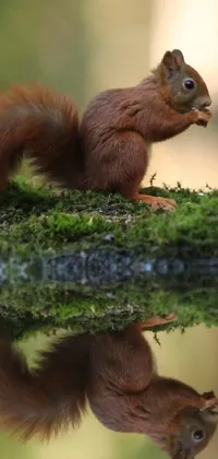 This live wallpaper for your phone displays a close-up of a squirrel near a body of water