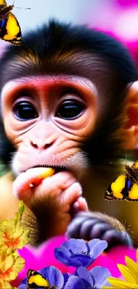 Colorful phone live wallpaper featuring a playful monkey sitting atop a flower-covered field, surrounded by vividly-hued butterflies and worms