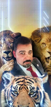 This live phone wallpaper features a man in a suit with two lions standing behind him, giving off an air of confidence and majesty
