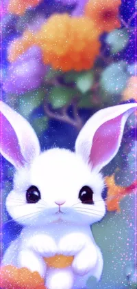 This phone live wallpaper features a digital painting of a cute white rabbit surrounded by flowers