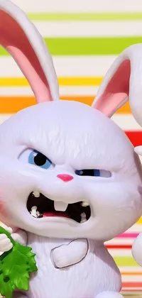 Get ready to add some vibrancy to your phone with this live wallpaper! This close-up image shows a cute toy rabbit holding onto a carrot tightly while giving an angry expression