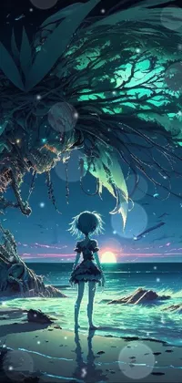 This phone live wallpaper is a stunning fantasy illustration of a woman standing by a beach with a tree