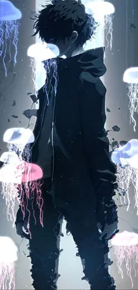 This live wallpaper features a human silhouette standing in front of a shattered window, lit from behind