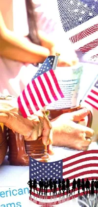 This phone live wallpaper showcases a group of people holding American flags, sitting next to each other in a close-up view
