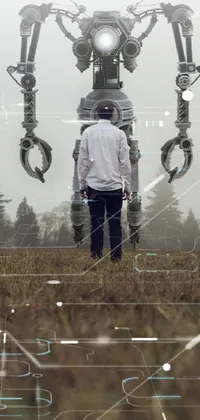 This live wallpaper features a person standing on a grass covered field, holding a futuristic device while wearing a space suit