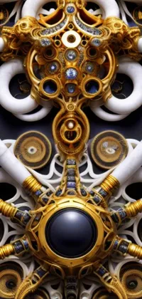 This phone live wallpaper depicts a close-up of a decorative design that features gears and tubes along with gold ornate jewelry